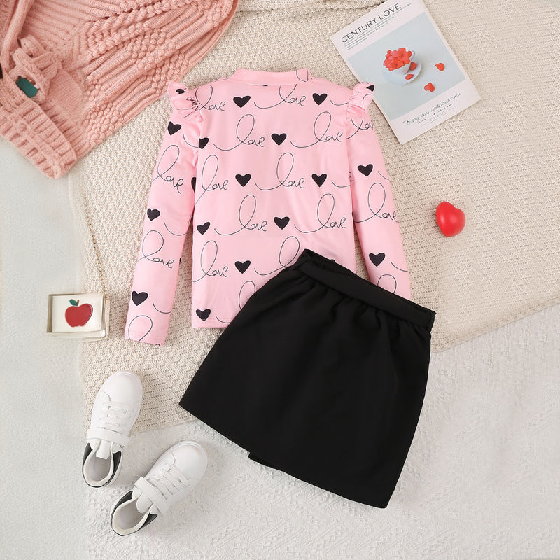 Girls Light Pink Heart Print Long Sleeves Top With Skirt Set 2 pc. Sets