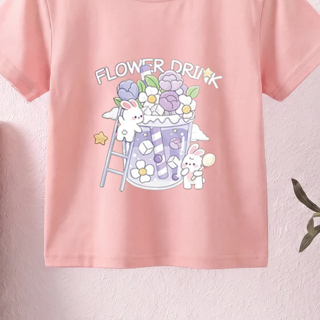 Girls Pink Short Sleeve Floral Print T-Shirt Tshirts