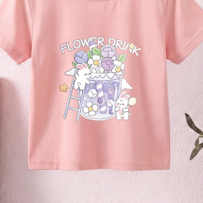 Girls Pink Short Sleeve Floral Print T-Shirt Tshirts