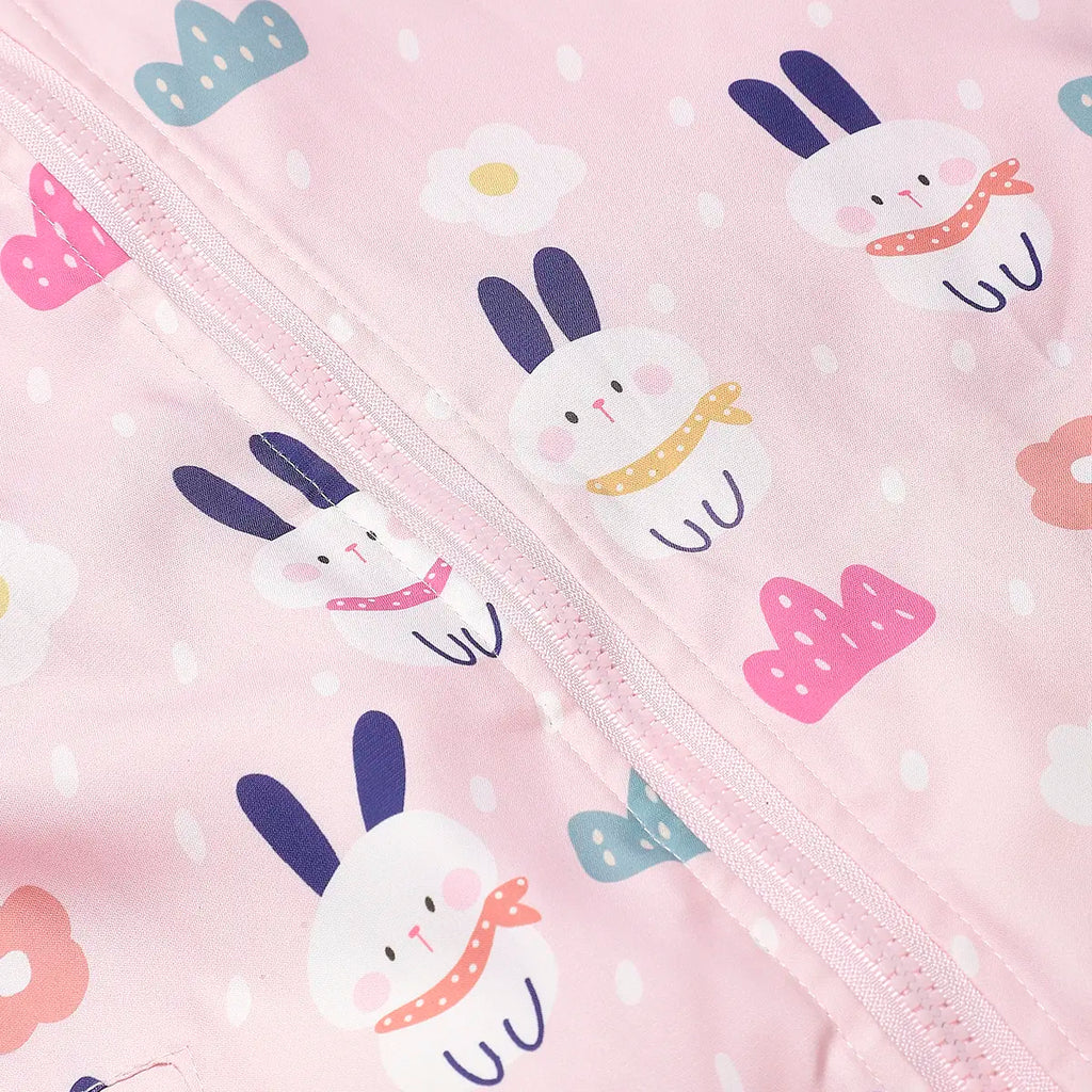 Girls Light Pink Rabbit Reversible Printed Hooded Zipper Jacket Coats & Jackets