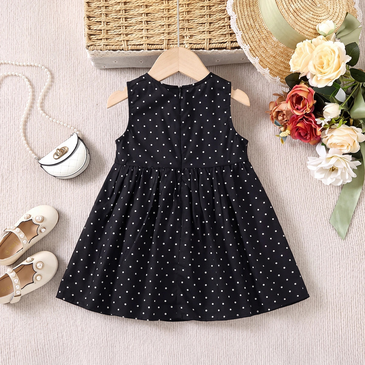 Girls Black Polka Dot print Sleeveless A-Line Dress Casual Dresses