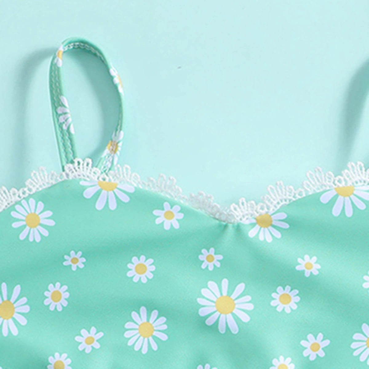 Girls Green Floral Printed Top & Briefs With Lace Trims Swimwear Sets Sets