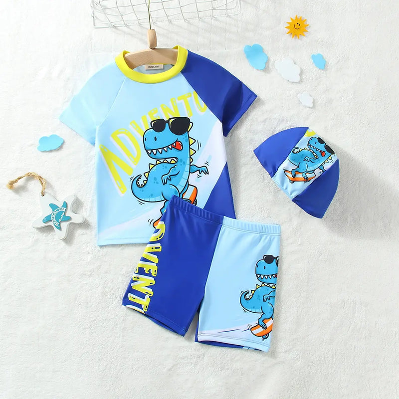 Boys Sky Blue Dinosaur Printed Short Sleeves T-Shirt & Shorts With Cap Swimsuit Sets Sets Sky Blue 1-2 Y