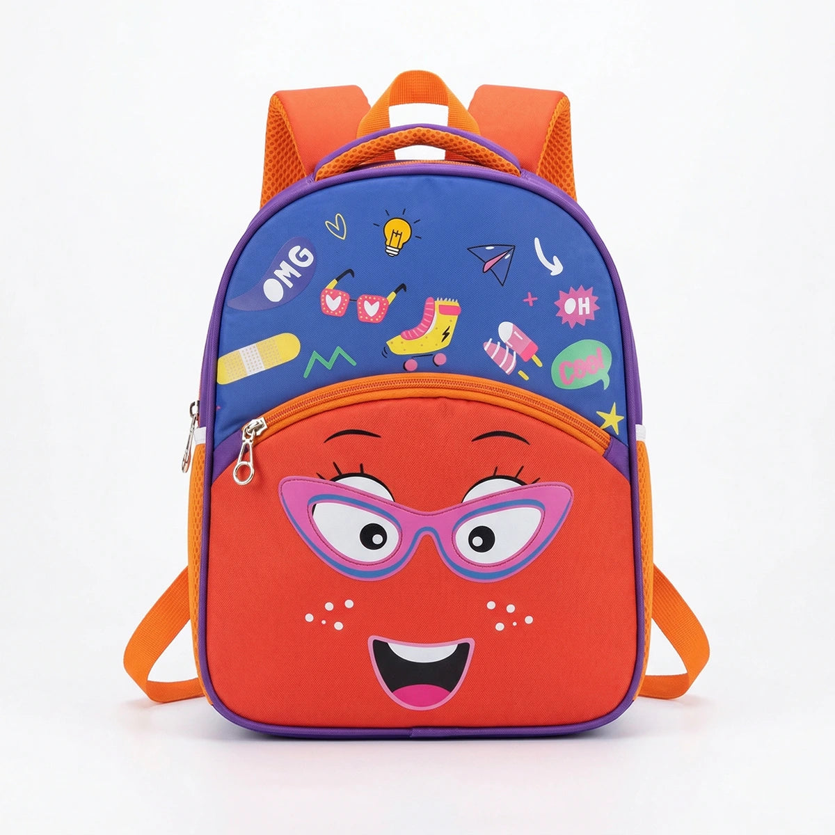Girls Orange Cartoon Face School Backpack with Glasses Trending Accessories Orange Onesize