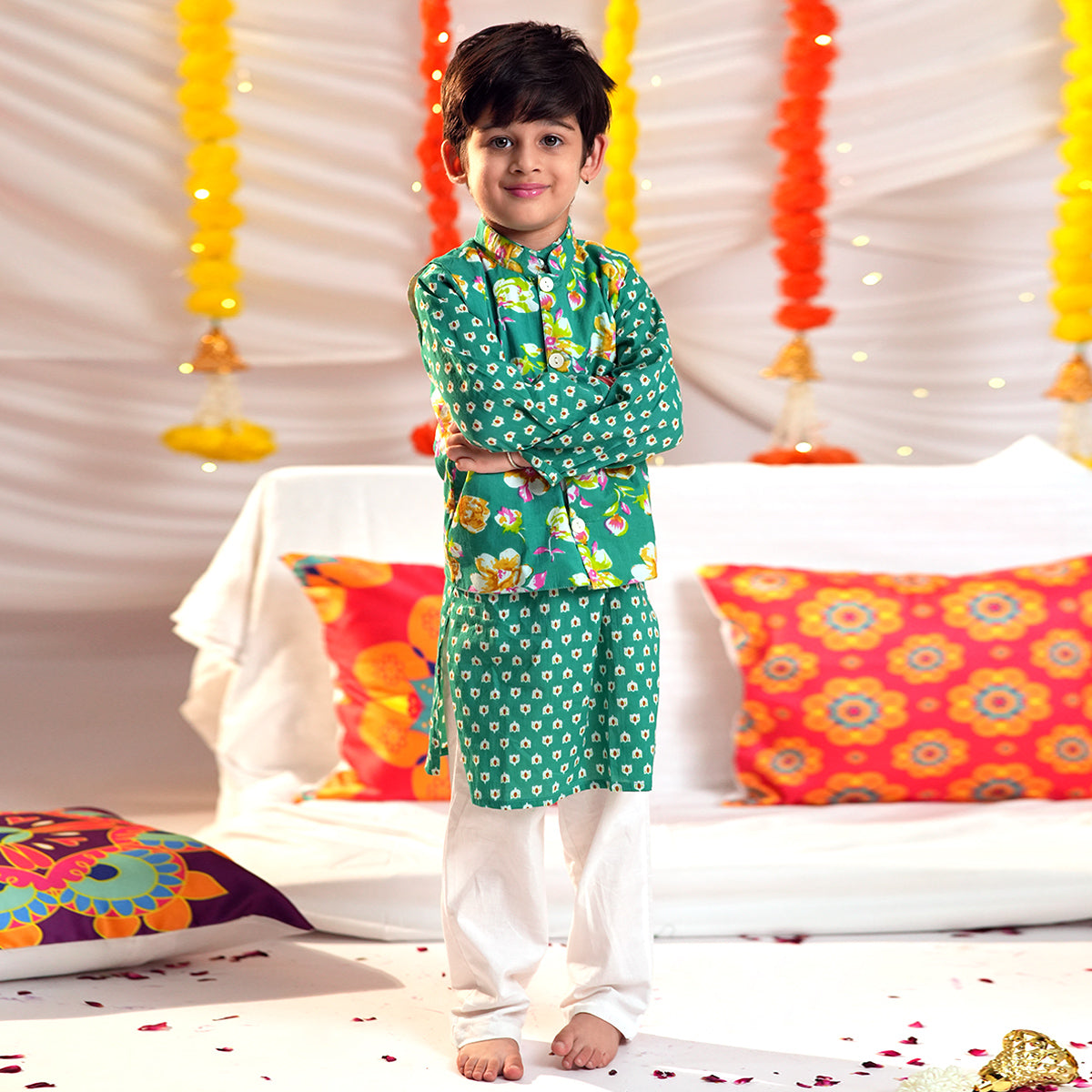 Boys Bandhani Print Kurta with Floral Print Nehru Jacket & Pajama Set Ethnicwear Boys
