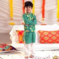 Boys Bandhani Print Kurta with Floral Print Nehru Jacket & Pajama Set Ethnicwear Boys