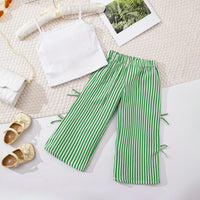 Girls Sleeveless Bow Applique Top With Green Stripes Pants Set Sets