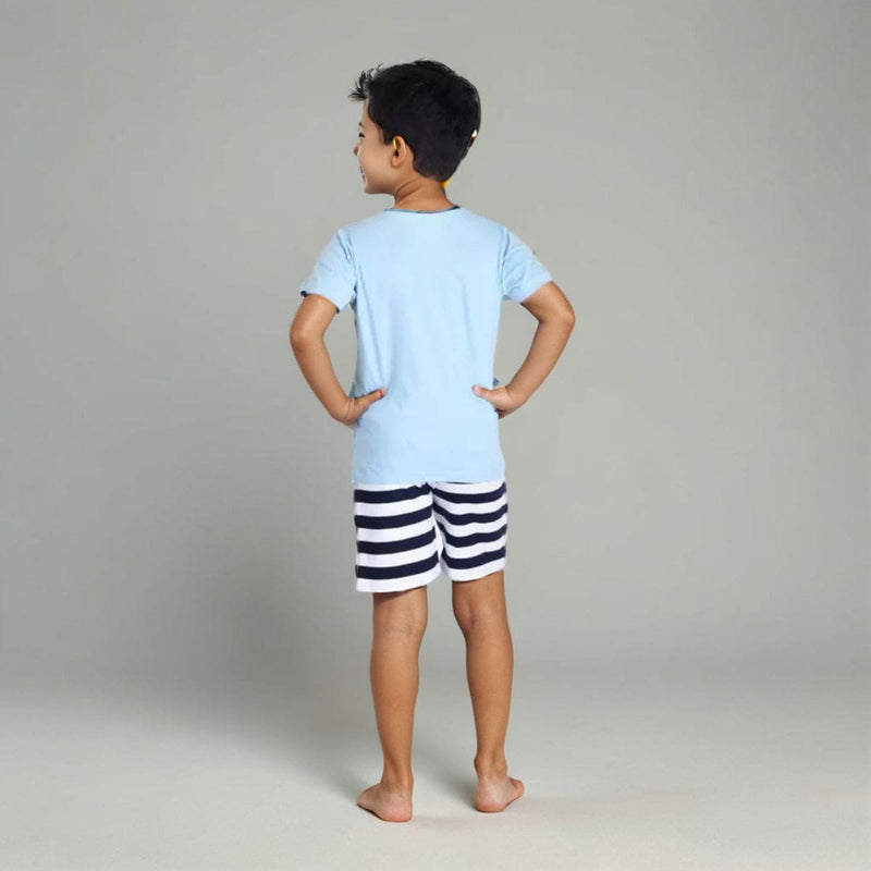 Boys Blue Short Sleeve Graphic T-Shirt With Printed Shorts Sets Sets