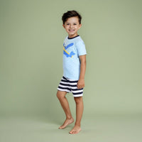 Boys Blue Short Sleeve Graphic T-Shirt With Printed Shorts Sets Sets