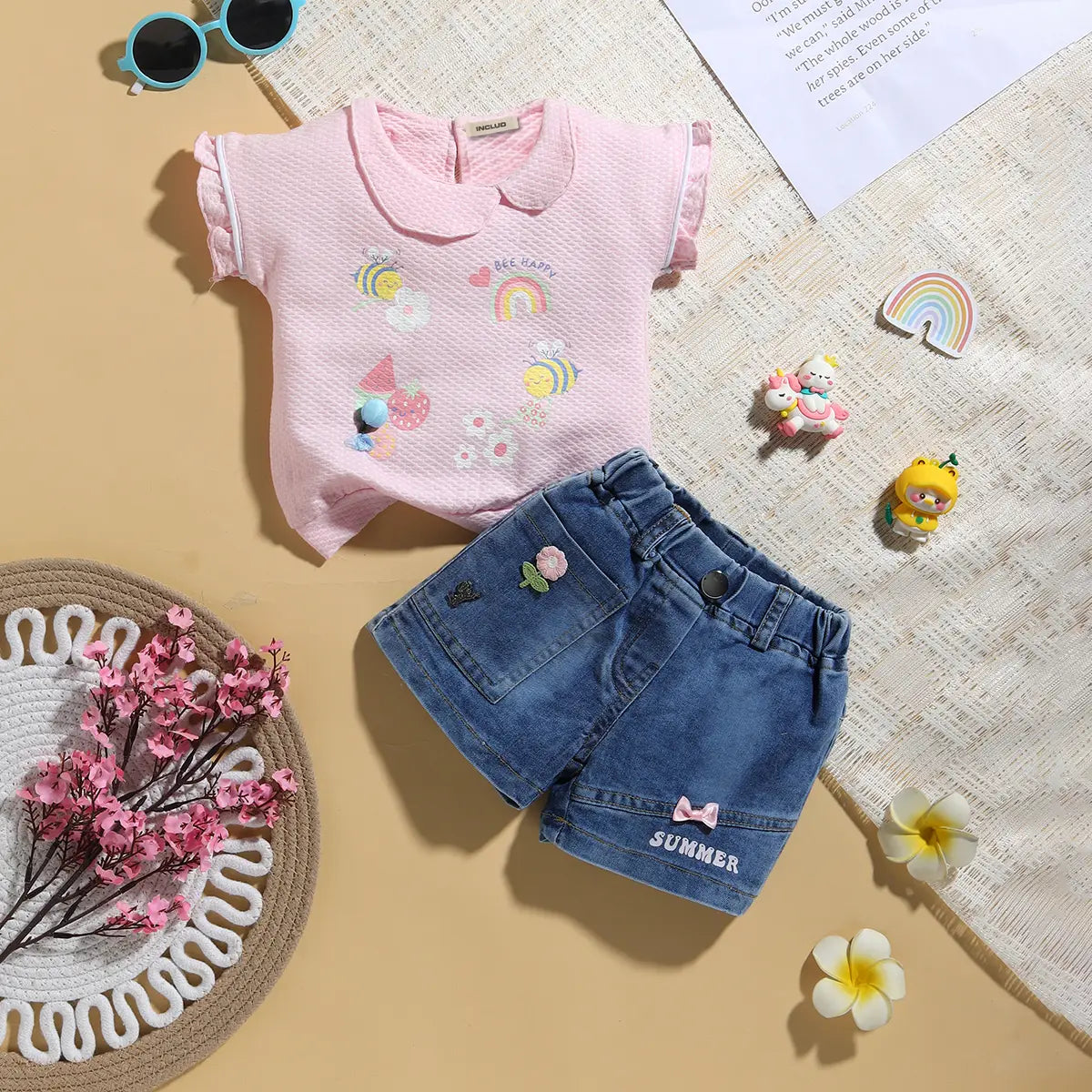 Girls Pink Graphics Short Sleeve T-Shirt With Denim Shorts Sets 2 pc. Sets Pink 0-3 M