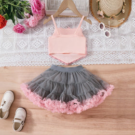 Girls Peach Floral Applique Crop Top With Tiered Tulle Skirts Set Sets