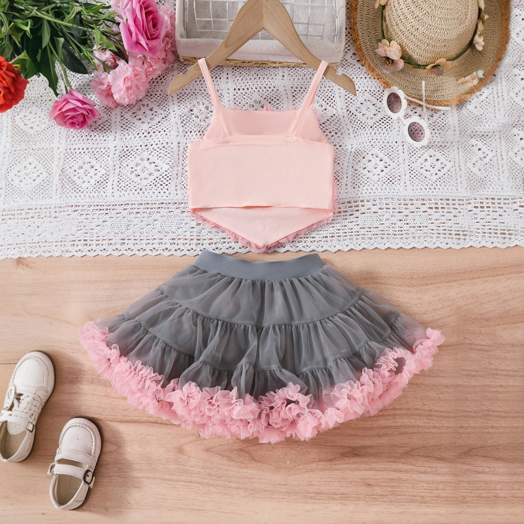 Girls Peach Floral Applique Crop Top With Tiered Tulle Skirts Set Sets