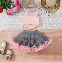 Girls Peach Floral Applique Crop Top With Tiered Tulle Skirts Set Sets