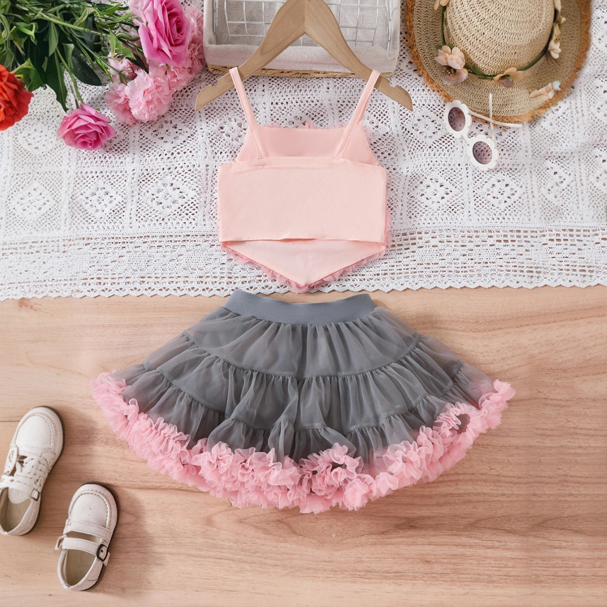 Girls Peach Floral Applique Crop Top With Tiered Tulle Skirts Set Sets