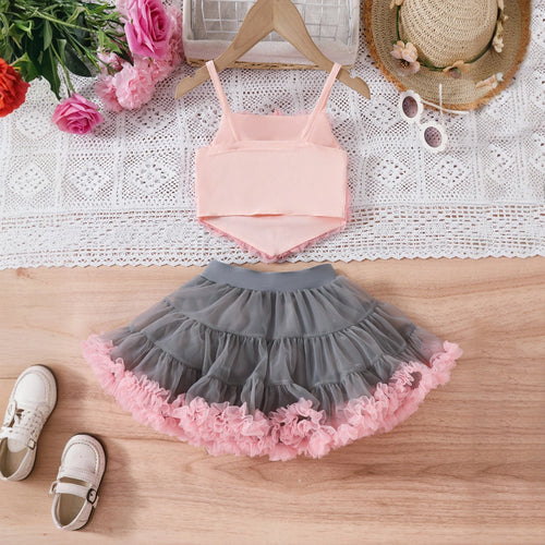 Girls Peach Floral Applique Crop Top With Tiered Tulle Skirts Set Sets