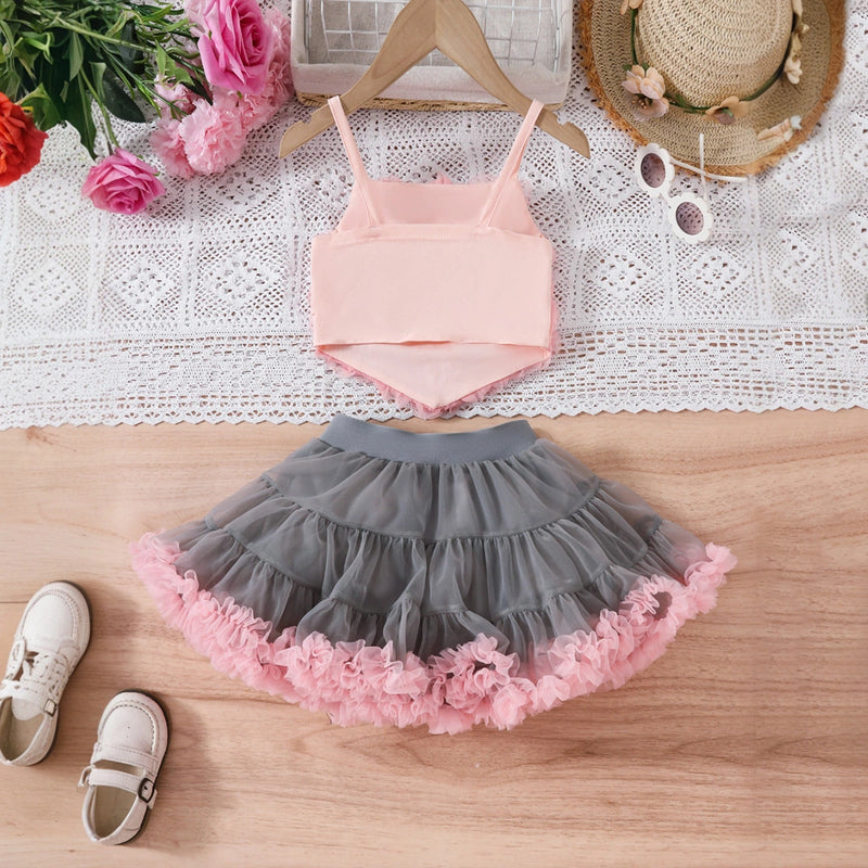 Girls Peach Floral Applique Crop Top With Tiered Tulle Skirts Set Sets