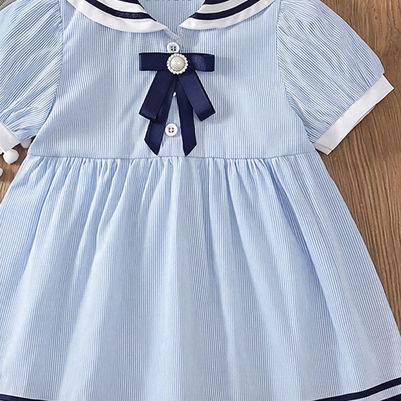Girls Light Blue Striped Puff Sleeve Fit & Flare Dress Casual Dresses
