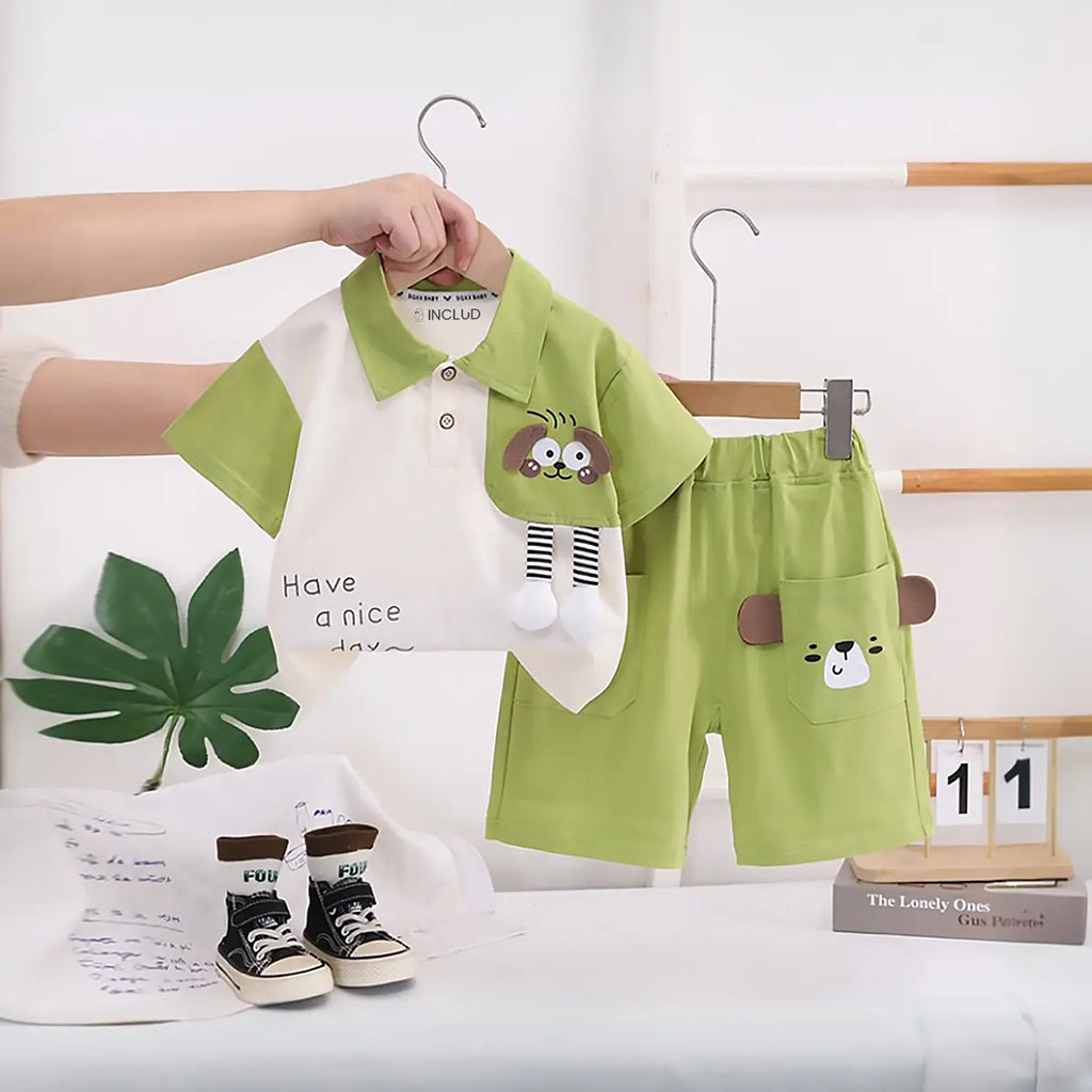 Boys Light Green Dog Applique Short Sleeve Polo T-Shirt With Elasticated Shorts Sets 2 pc. Sets Light Green 1-2 Y