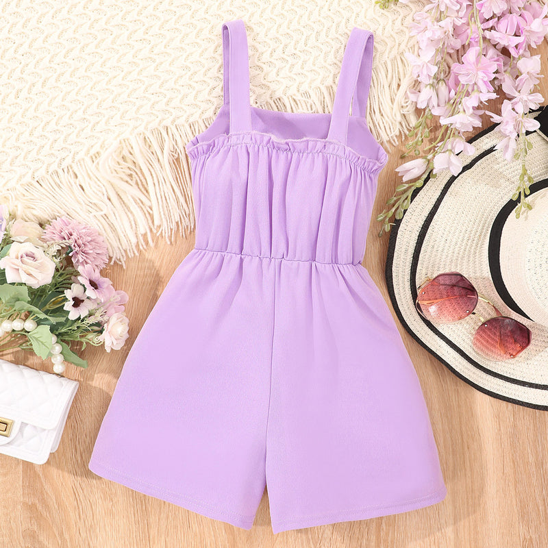 Girls Purple Button Detailed Strappy Romper Jumpsuits