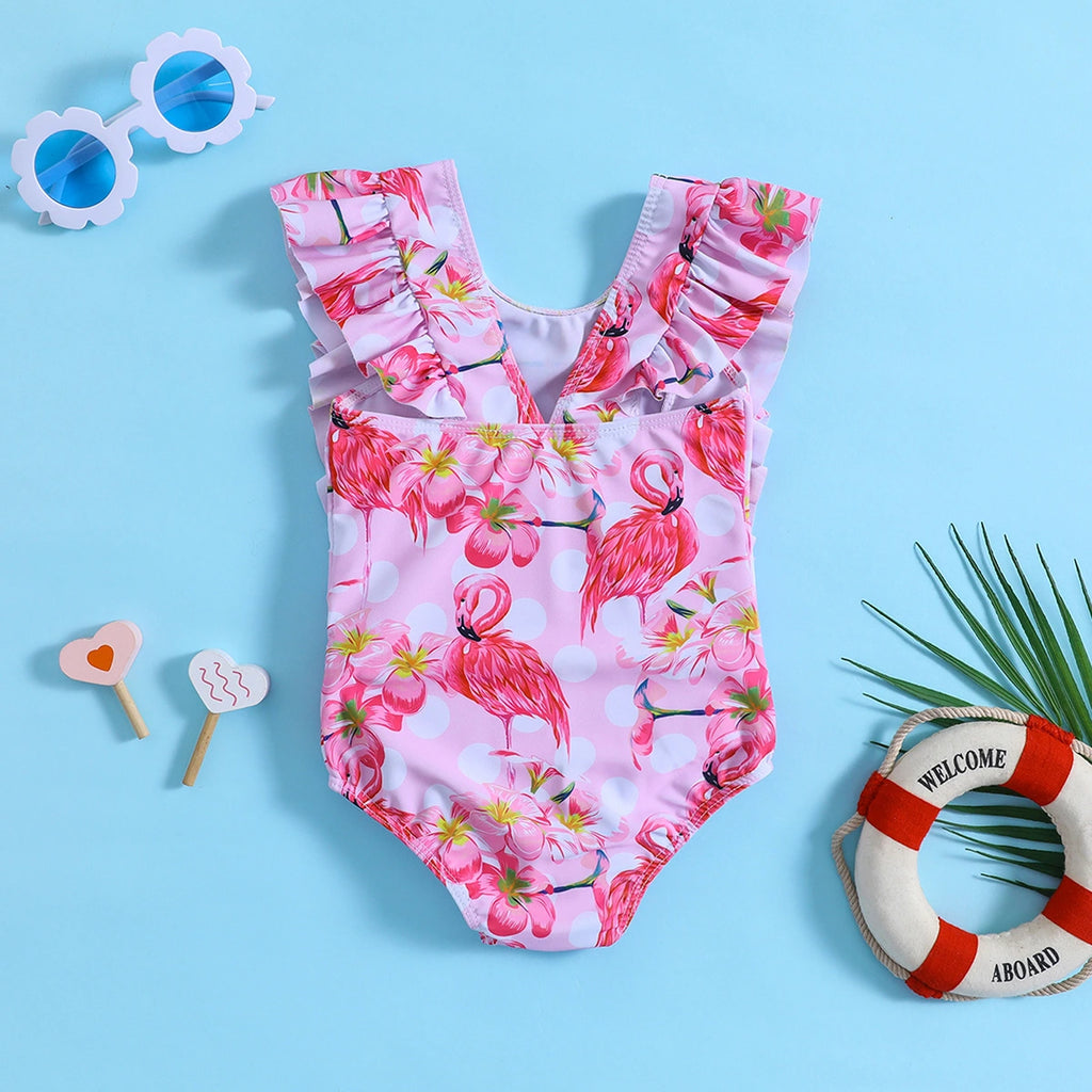 Girls Pink Flamingo Printed Ruffled Swimwear Bodysuit Beachwear