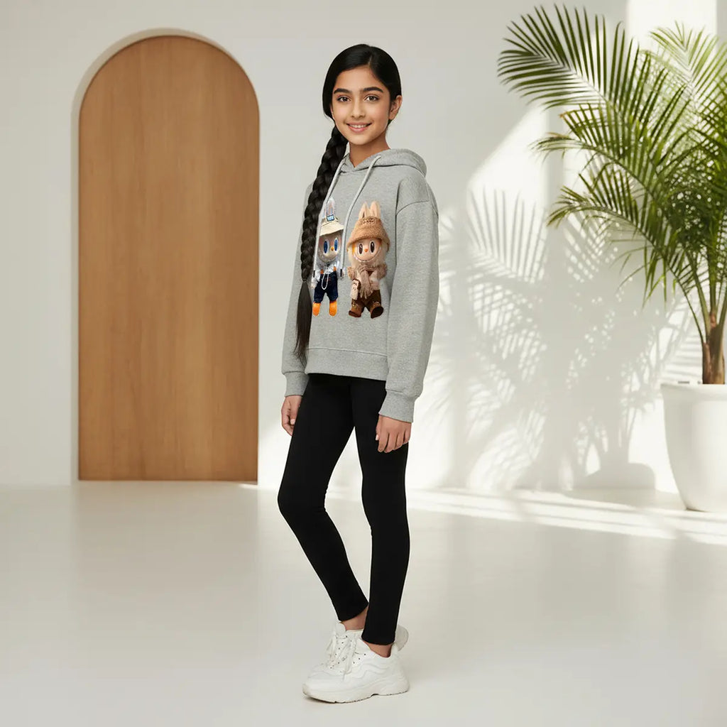 Girls Grey Labubu Graphics Hoodie Sweatshirt Sweatshirts & Hoodies