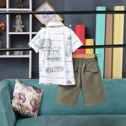 Boys Olive Typographic Printed Short Sleeve Polo T-Shirt With Shorts Sets Sets