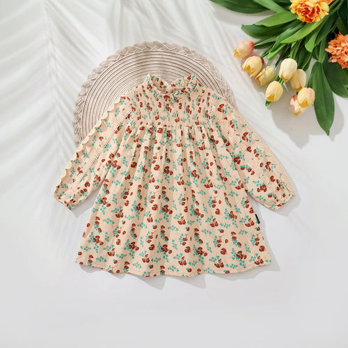 Girls Apricot Floral Ruffle Neck A-Line Dress Casual Dresses Apricot 1-2 Y
