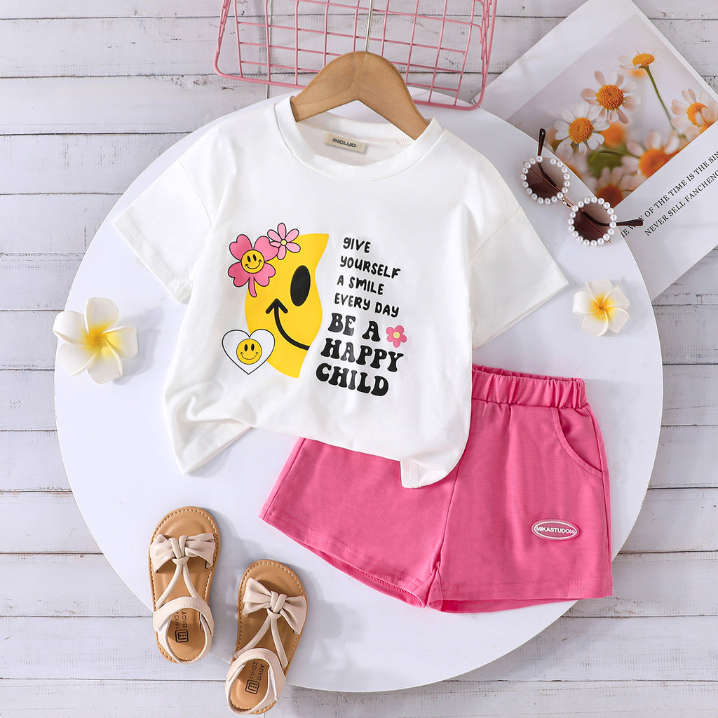 Girls Oversized Printed T-shirt with Pink Shorts Set Sets Pink 2-3 Y