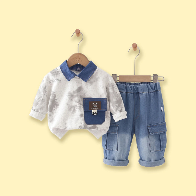 Boys Light Grey Abstract Polo Sweatshirt & Denim Cargo Pants Sets Sets Light Grey 1-2 Y