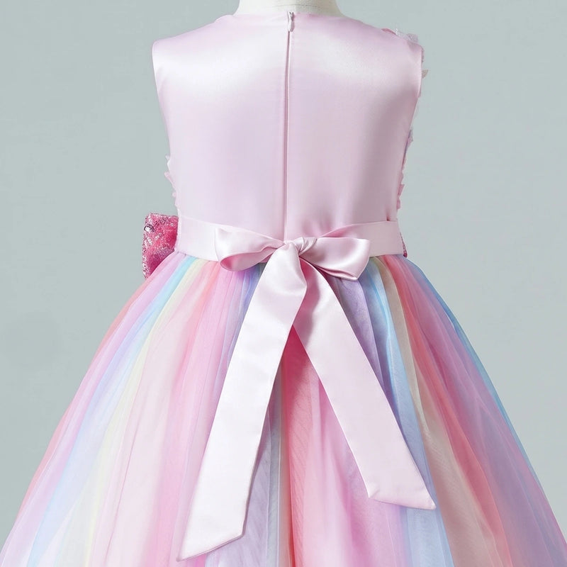 Girls Pink Floral Applique Fit & Flare Party Wear Dress With Sequin Bow Party Dresses