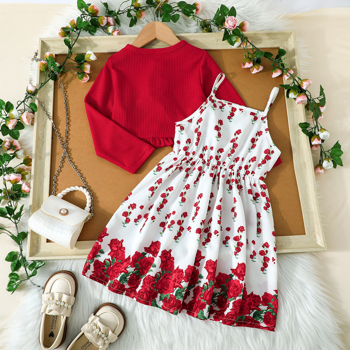 Girls Red Rose Printed Fit & Flare Winter Casual Dress With Shrug Casual Dresses
