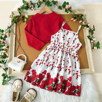 Girls Red Rose Printed Fit & Flare Winter Casual Dress With Shrug Casual Dresses