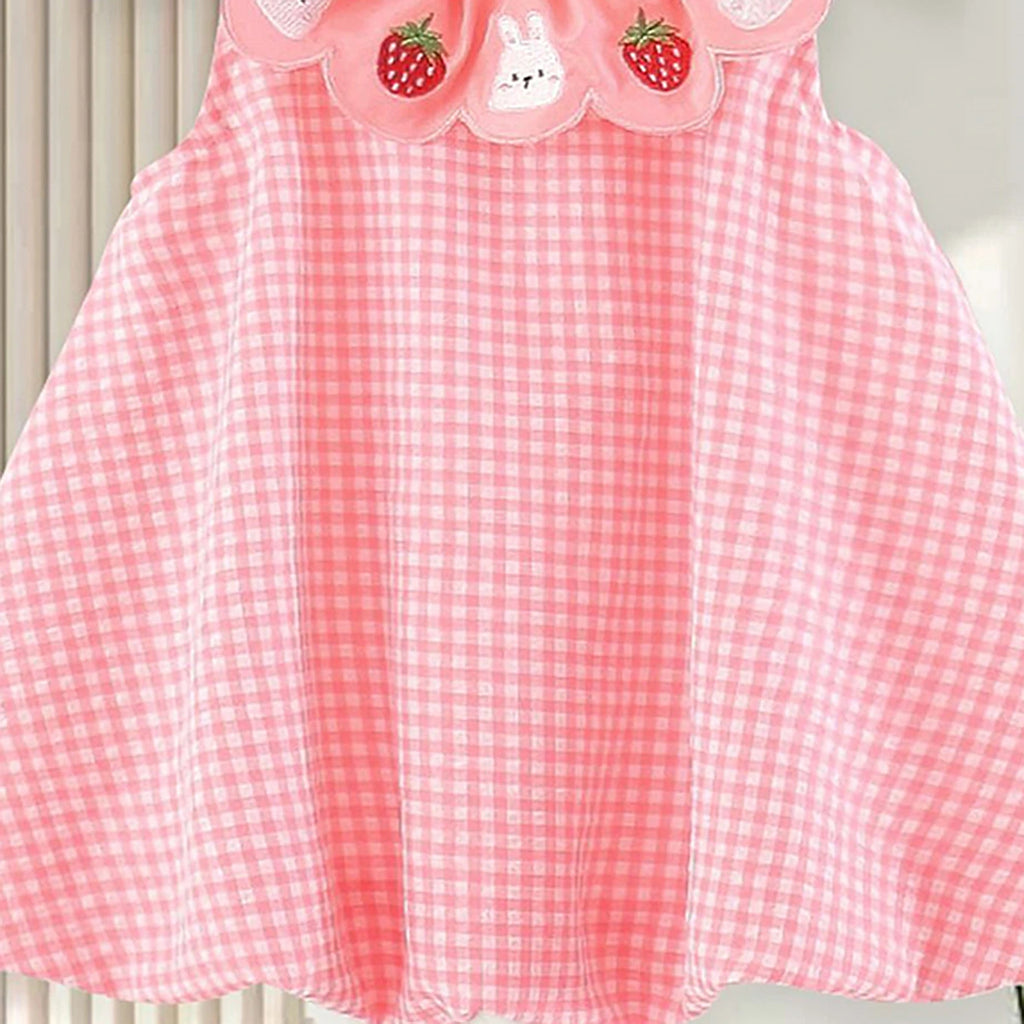 Girls Pink Checked A-line Dress With Bunny And Strawberry Embroidery Casual Dresses