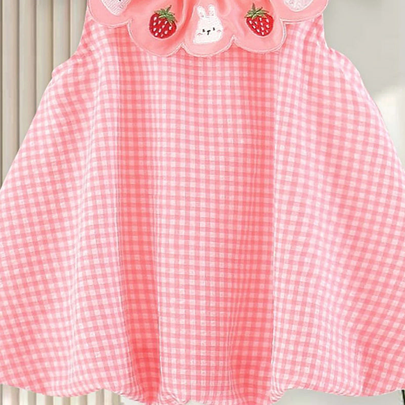 Girls Pink Checked A-line Dress With Bunny And Strawberry Embroidery Casual Dresses