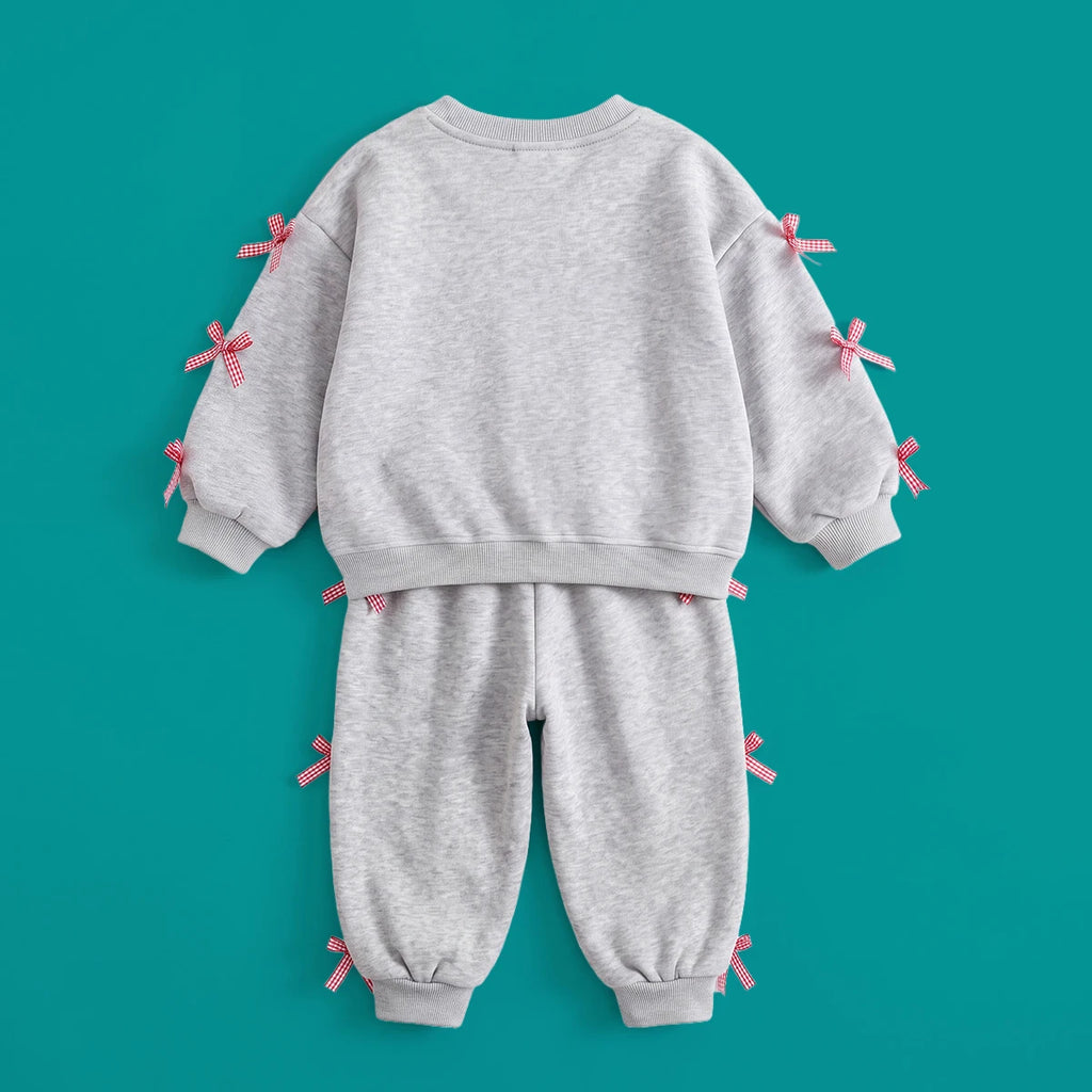 Girls Grey Bow Applique Long Sleeve Sweatshirt With Pants Sets 2 pc. Sets