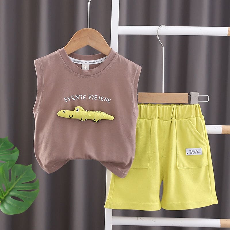 Boys Brown Printed Sleeveless T-shirt with Shorts Set Sets Brown 1-2 Y 