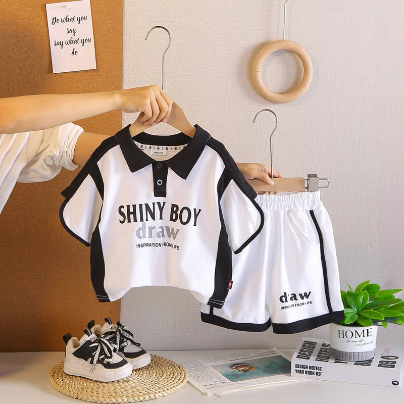 Boys White Typographic Printed Polo T-Shirt With Shorts Co-ord Sets Sets White 1-2 Y