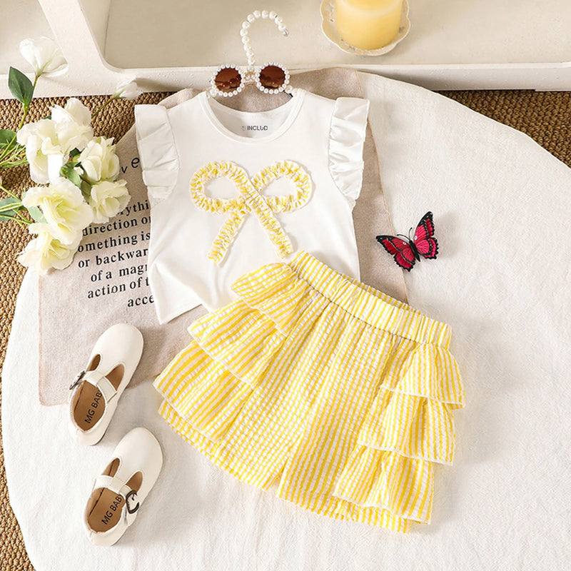 Girls White Bow Applique Flutter Sleeve Top With Stripes Shorts Sets 2 pc. Sets White 2-3 Y