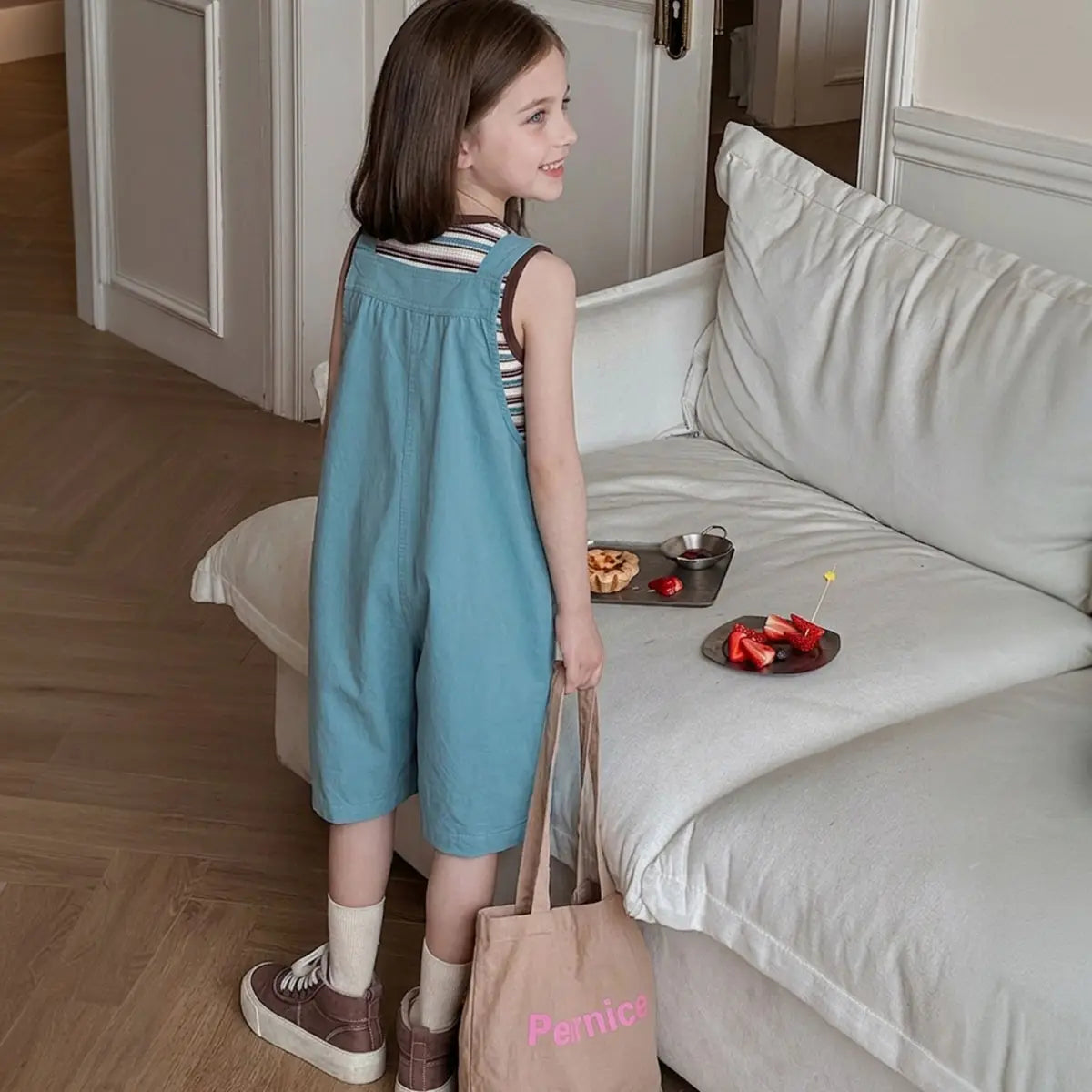 Girls Blue Striped Tank Top With Dungaree Sets Sets