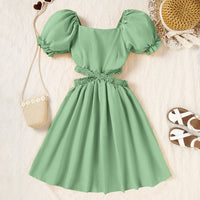 Girls Square Neck Short Sleeve Cross Waist Dress Casual Dresses