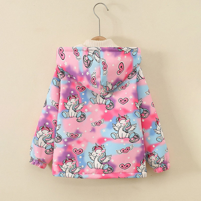 Girls Pink Unicorn Printed Front Zipper Hooded Winter Jacket Coats & Jackets
