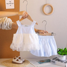 Girls Light Blue Sleeveless Lace Hem Top With Bloomer-style Shorts Sets Sets Light Blue 1-2 Y