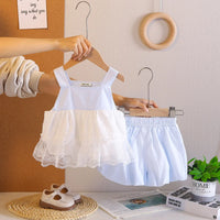 Girls Light Blue Sleeveless Lace Hem Top With Bloomer-style Shorts Sets Sets Light Blue 1-2 Y