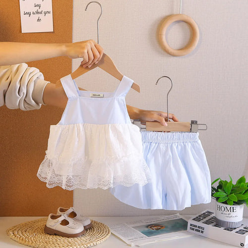 Girls Light Blue Sleeveless Lace Hem Top With Bloomer-style Shorts Sets Sets Light Blue 1-2 Y