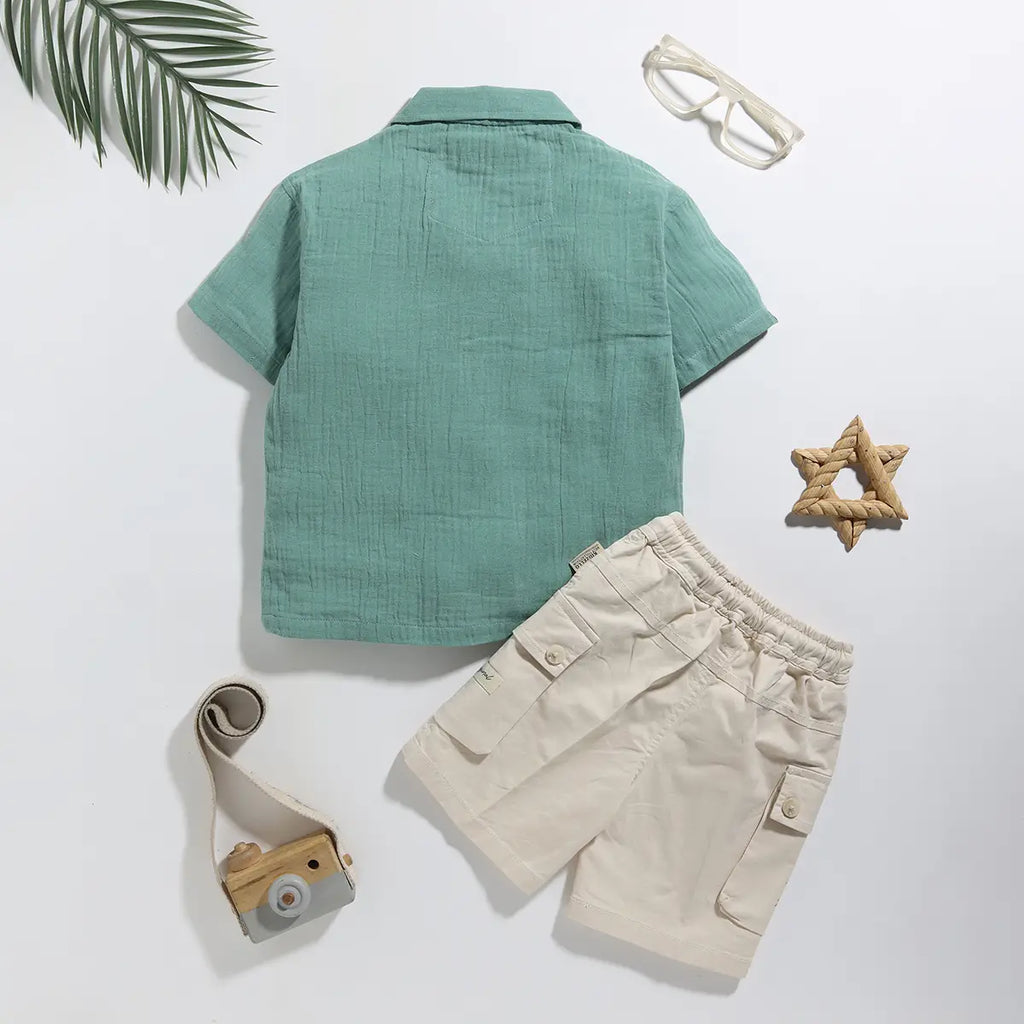 Boys Green Embroidered Shirt With Cargo Pocket Shorts Sets 2 pc. Sets