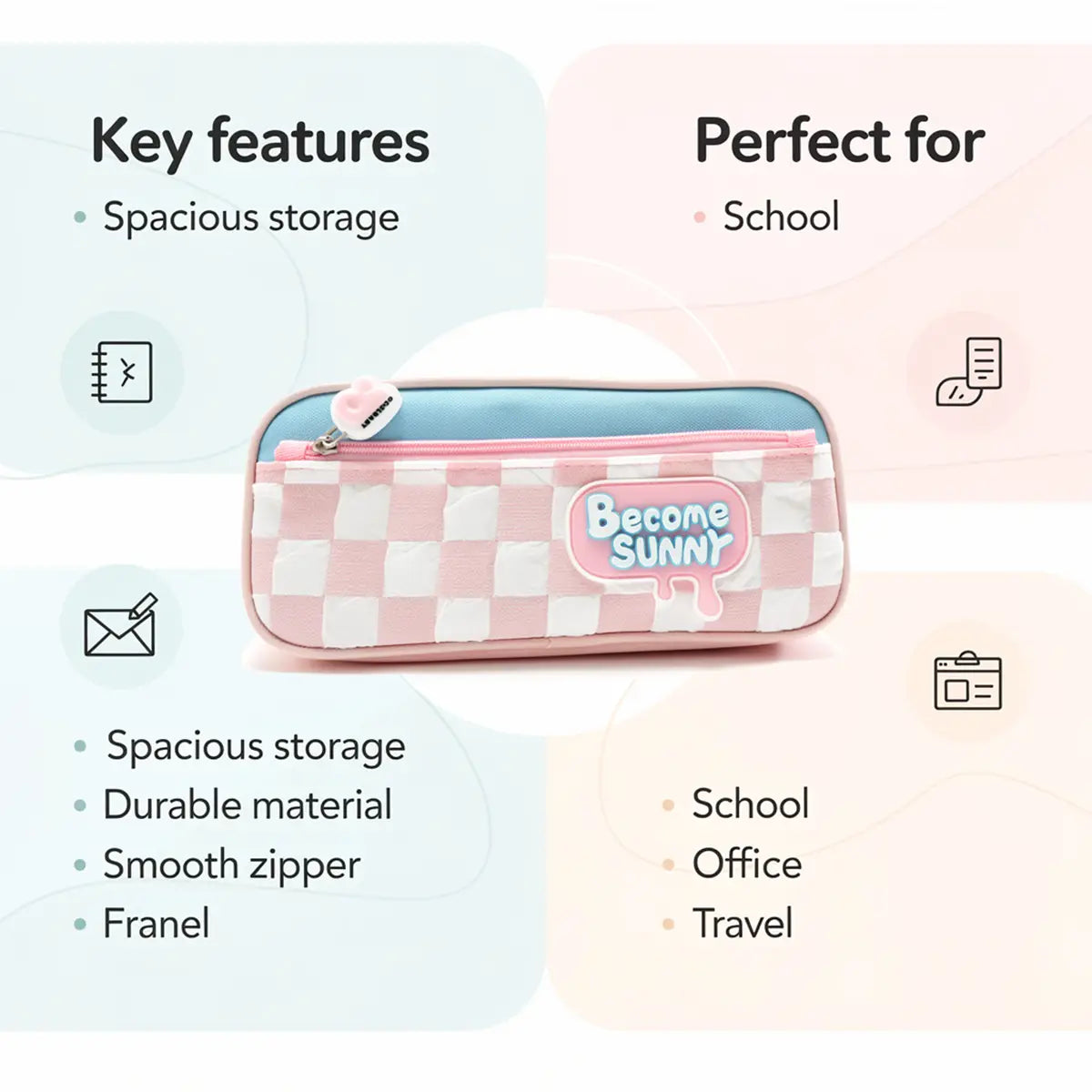 Aesthetic Become Sunny Pencil Pouch -Cute Checked School Stationery Organizer Trending Accessories