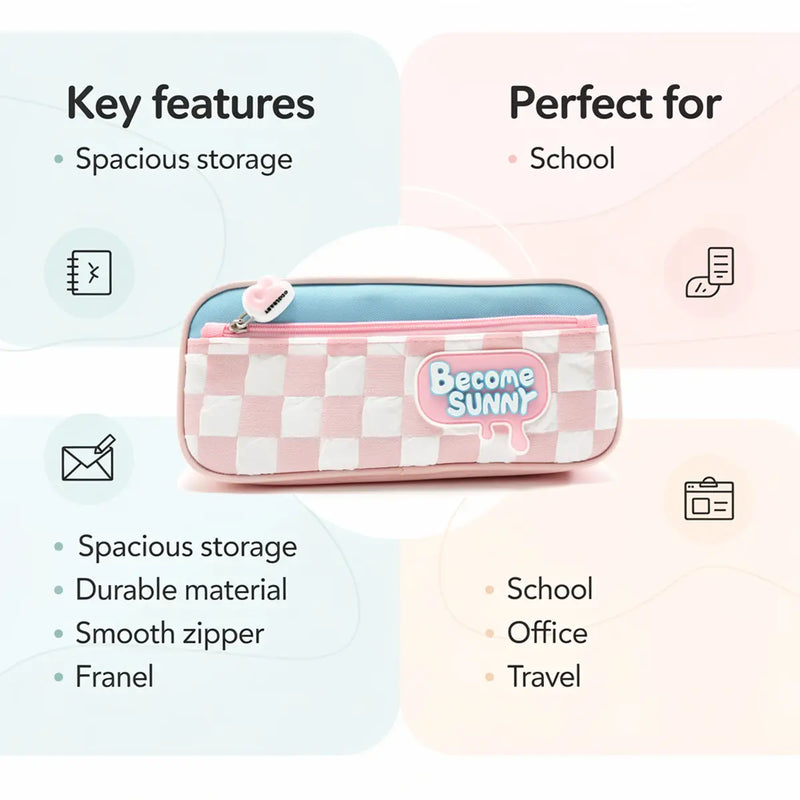 Aesthetic Become Sunny Pencil Pouch -Cute Checked School Stationery Organizer Trending Accessories