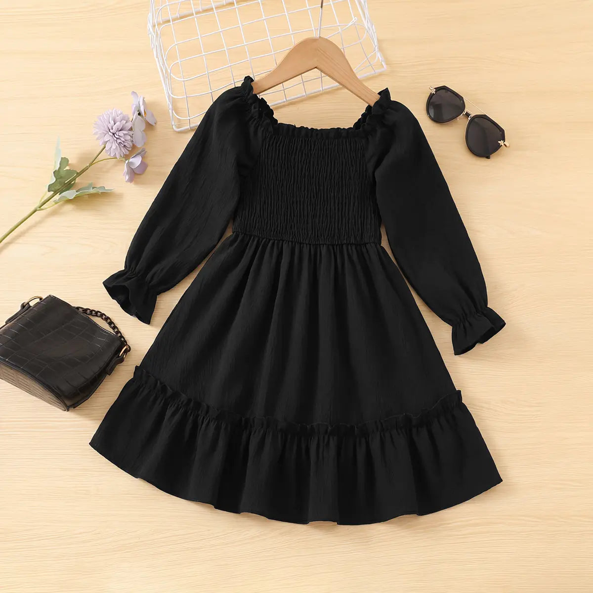 Girls Black Smocked Yoke Puff Sleeve High-Low Dress Casual Dresses