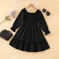 Girls Black Smocked Yoke Puff Sleeve High-Low Dress Casual Dresses