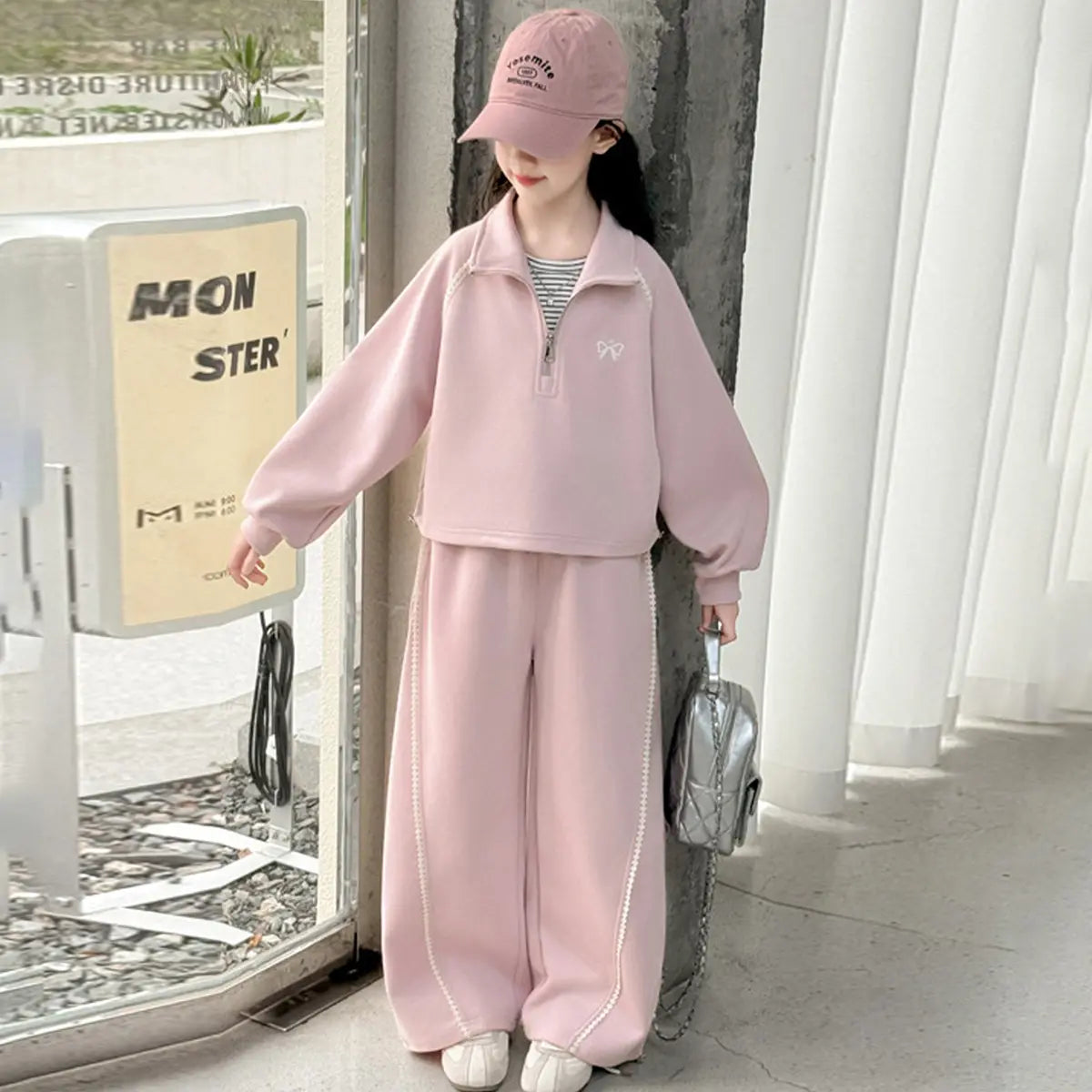 Girls Pink Half Zipper Pullover Top With Wide Leg Pants Co-ord Sets Sets
